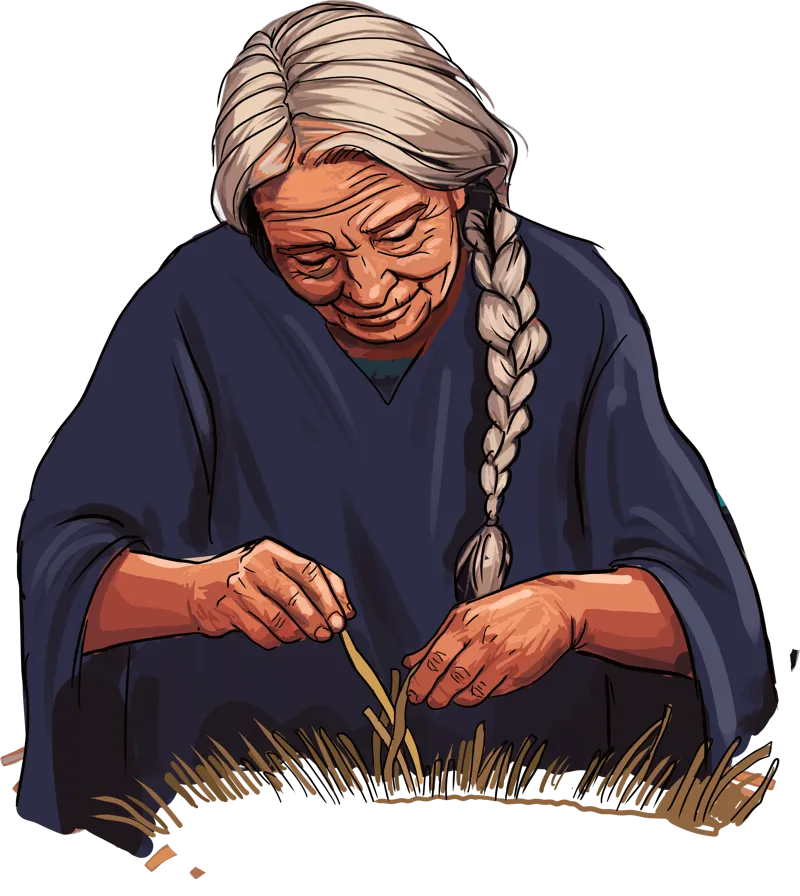 Ilustración de una mayora indígena tejiendo